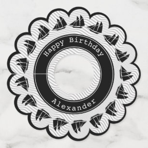 Schooner - Zwart-wit Quirky Waves Nautical Theme Wijnglaslabel