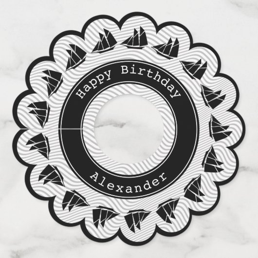 Schooner - Zwart/Wit Quirky Waves Nautisch Thema Wijnglaslabel (Voorkant)