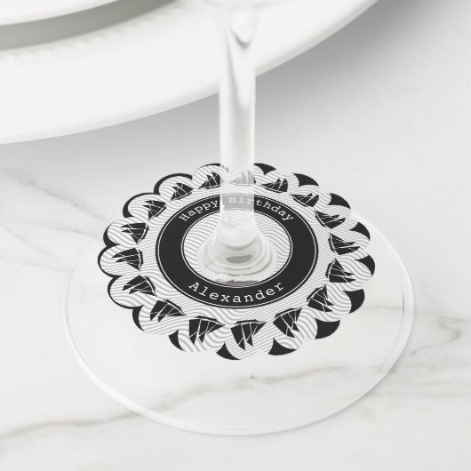 Schooner - Zwart/Wit Quirky Waves Nautisch Thema Wijnglaslabel (Dichtbij)