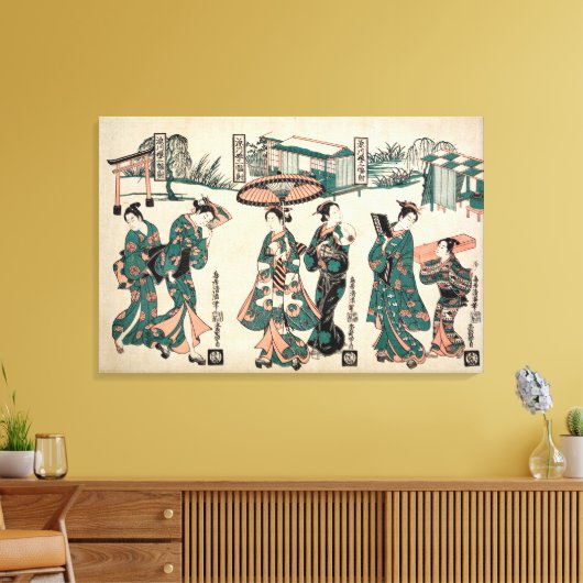 Schoonheden uit Fukagawa. Triptych Canvas Afdruk (Insitu (Woonkamer))