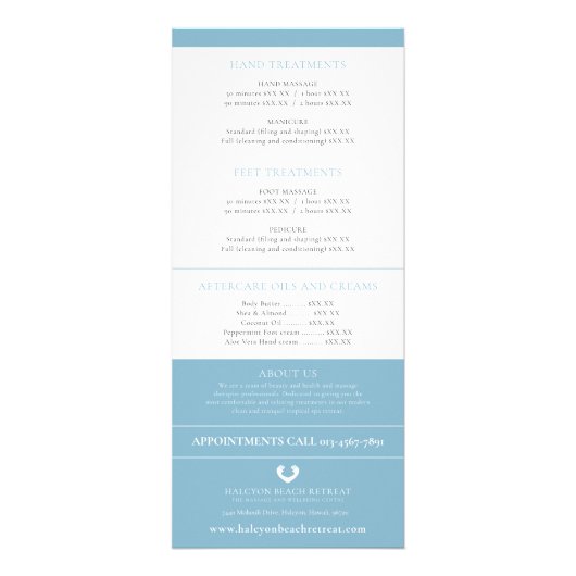Schoonheid behandeling prijslijst blauwgroen massa reclamekaart (Achterkant)