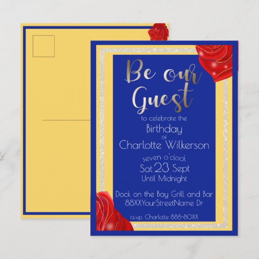 Schoonheid en Beast Red Roses op Blauw en Geel Aankondigingskaart (Voorkant / Achterkant)