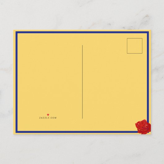 Schoonheid en Beast Red Roses op Blauw en Geel Aankondigingskaart (Achterkant)