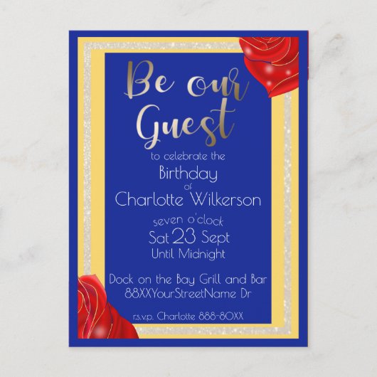 Schoonheid en Beast Red Roses op Blauw en Geel Aankondigingskaart (Voorkant)