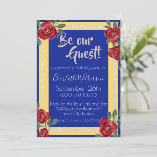 Schoonheid en Beast Red Roses op Blauw en Geel Kaart (Staand voorkant)