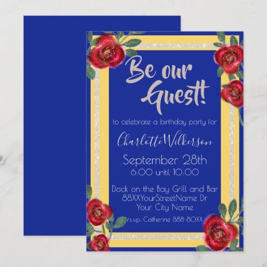 Schoonheid en Beast Red Roses op Blauw en Geel Kaart (Voorkant / Achterkant)