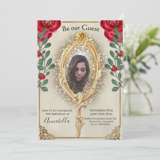 Schoonheid en het Beest Fotospiegel en Rode Rozen  Kaart (Staand voorkant)