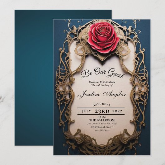 Schoonheid en het Beest Gold en Red Rose Sweet 16 Kaart (Voorkant / Achterkant)