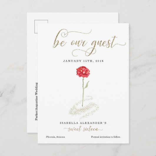 Schoonheid en het Beest Sweet 16 Sparen de Datum Aankondigingskaart (Voorkant / Achterkant)