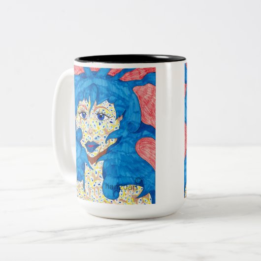 Schoonheid in blauwe mok (Voorkant links)