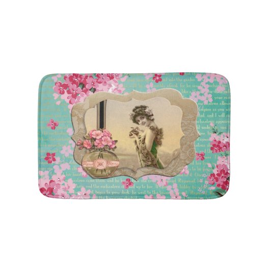 schoonheid Mint Green & Roze Floral Badmat (Voorkant)