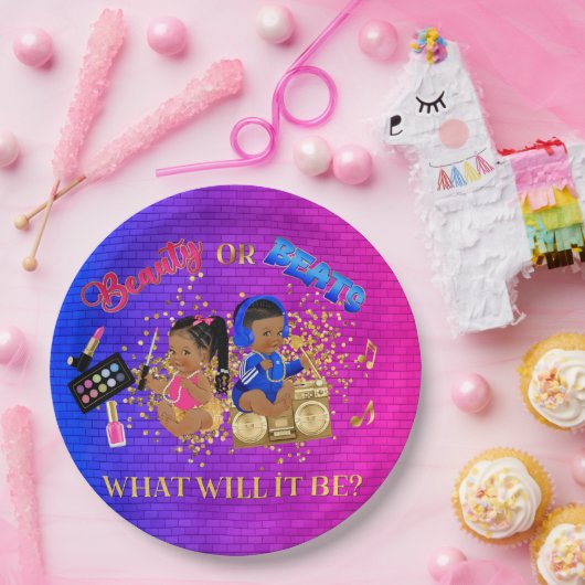Schoonheid of Beats Blue Hot Pink Gold Gender onth Papieren Bordje (Feest)
