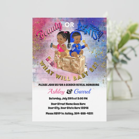 Schoonheid of Beats uitnodiging! Gender onthullen! Kaart (Staand voorkant)