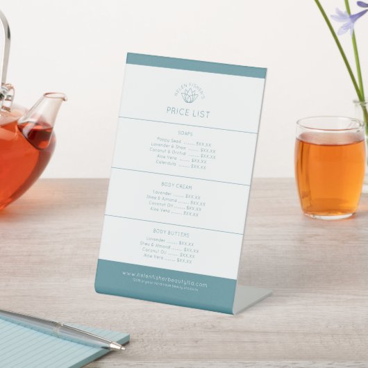 Schoonheid product prijslijst blauwgroen witte lot reclamebord met voetstuk (Insitu)