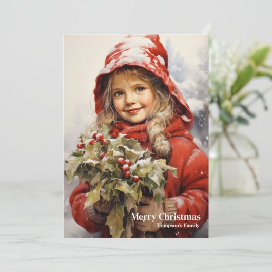 Schoonheid retro meisje met hulstbes feestdagenkaart (Staand voorkant)