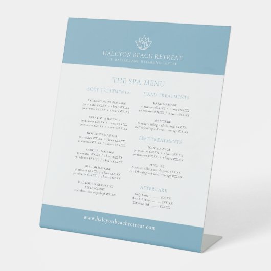 Schoonheid spa prijslijst blauw wit lotus logo reclamebord met voetstuk (Voorkant)