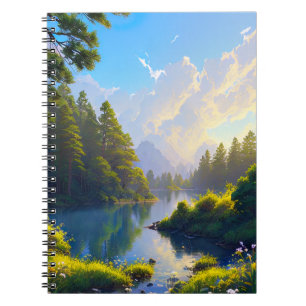 Schoonheid van een vredige rivier in het dennenbos notitieboek