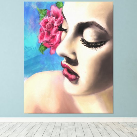 Schoonheid Vrouw met Rode Rose Canvas Print - Schi (Insitu (Houten vloer))
