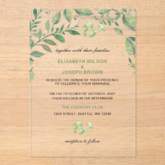 Schoonheidsbenemende botanische bruinbruiloft Uitn Acryl Uitnodigingen (Voorkant)