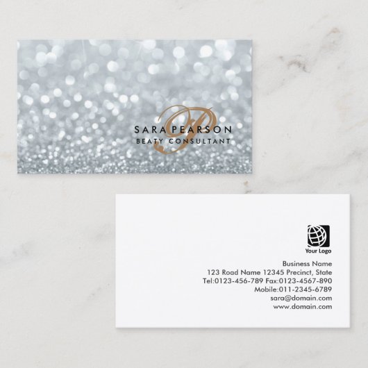 Schoonheidsconsulent Elegant Monogram Zilver Spark Visitekaartje (Voorkant / Achterkant)