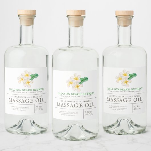 Schoonheidsmassage product plumeria frangipani likeurfles etiket (Flessen)
