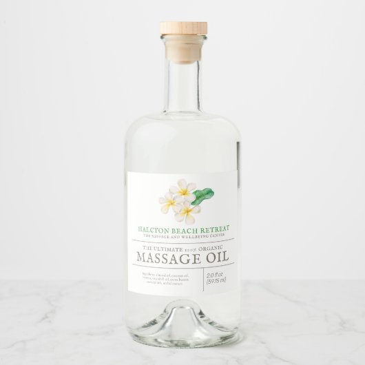 Schoonheidsmassage product plumeria frangipani likeurfles etiket (Voorkant)