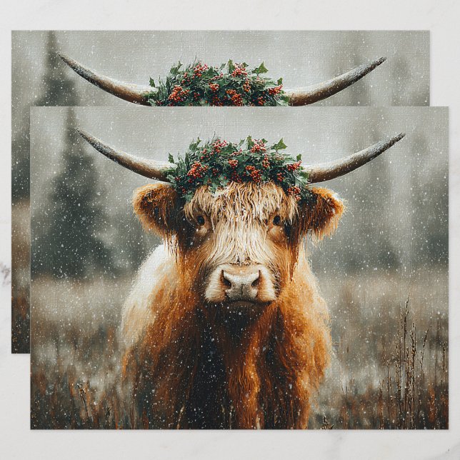 Schoonheidspapier met Highland-koe met kerstkrans (Voorkant / Achterkant)