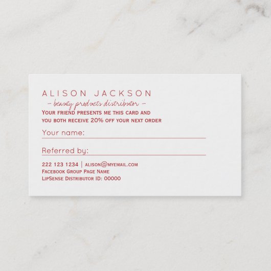 Schoonheidsproducten distributeur verwijzingskaart aanbevelingskaartje (Achterkant)