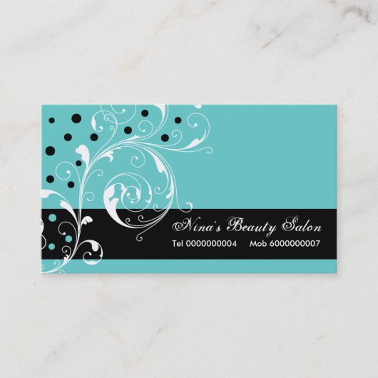 Schoonheidssalon bloemenscrollblad zwart, turquois visitekaartje (Voorkant)