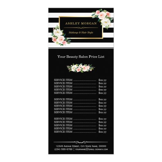 Schoonheidssalon Gold Blush Floral Stripes Prijsli Reclamekaart (Voorkant)