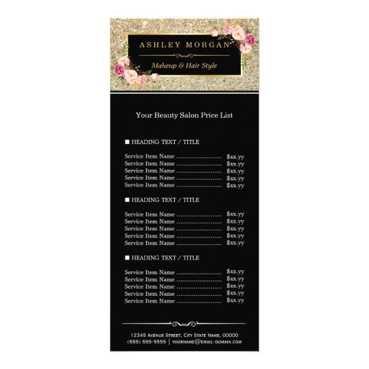 Schoonheidssalon Gold Glitter Flowers prijslijst Reclamekaart (Voorkant)