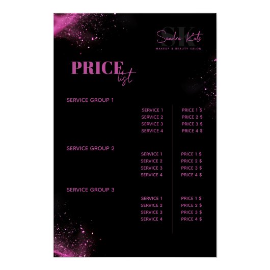Schoonheidssalon MUA Haar Zwart Neon Roze prijslij Perfect Poster (Voorkant)