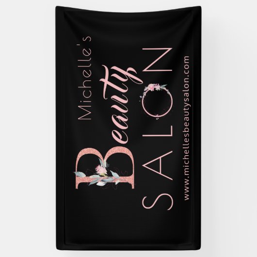 Schoonheidssalon naam roze bloemenglitter glam zwa spandoek (Verticaal)