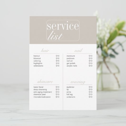 Schoonheidssalon Service prijslijst (Staand voorkant)