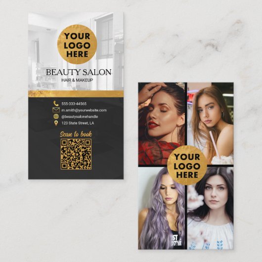 Schoonheidssalon Zwart Goud QR code Afspraak Visitekaartje (Voorkant / Achterkant)