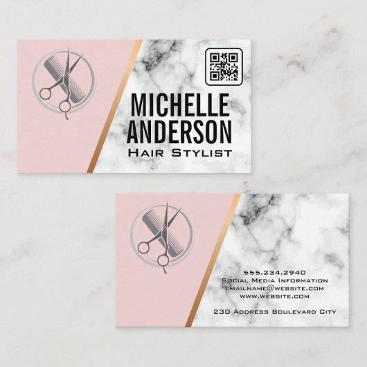 Schoonheidsspecialist | QR Code | Roze | Marmer   Visitekaartje (Voorkant / Achterkant)