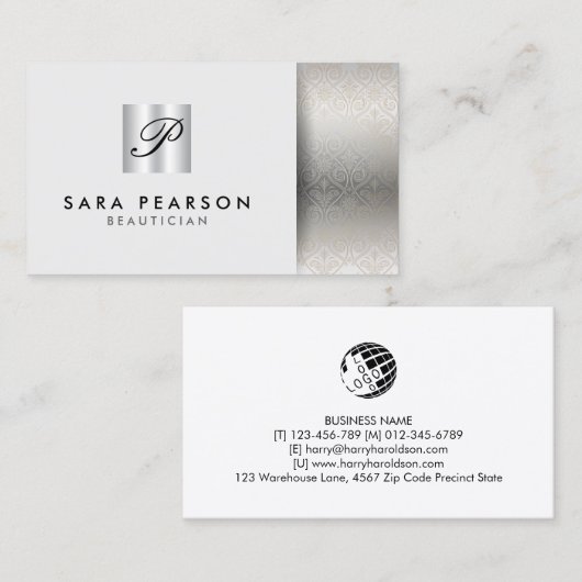 Schoonheidsspecialiste Elegant Zilver Monogram Dam Visitekaartje (Voorkant / Achterkant)