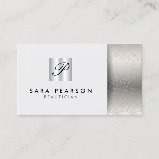 Schoonheidsspecialiste Elegant Zilver Monogram Dam Visitekaartje (Voorkant)