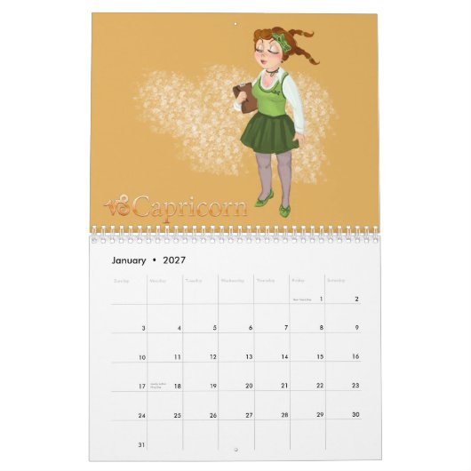Schoonheidssymbolen voor zodiale tekens plus eleme kalender (Jan 2027)