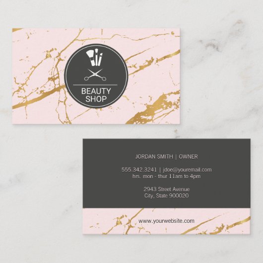 Schoonheidswinkel Roze Luxe Goud Marmer Visitekaartje (Voorkant / Achterkant)