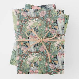 Schoonlap kat in tuin met bloemen inpakpapier vel