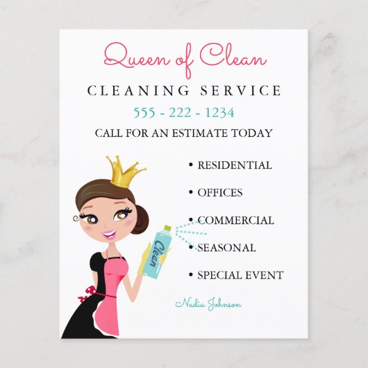 Schoonmaak Dienst Brunette Karakter Kroon Flyer (Voorkant)