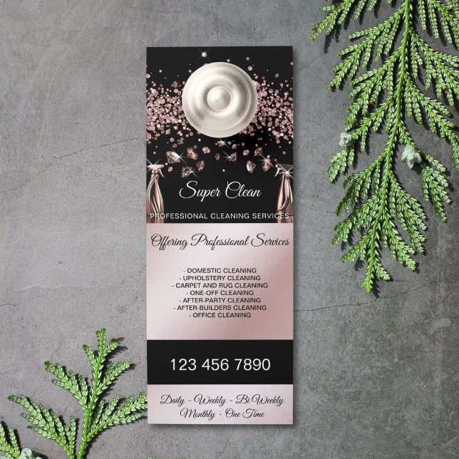 Schoonmaak Diensten Huishoudelijke Hulp Deurhanger (rose gold house cleaning spray bottles spraying diamonds)
