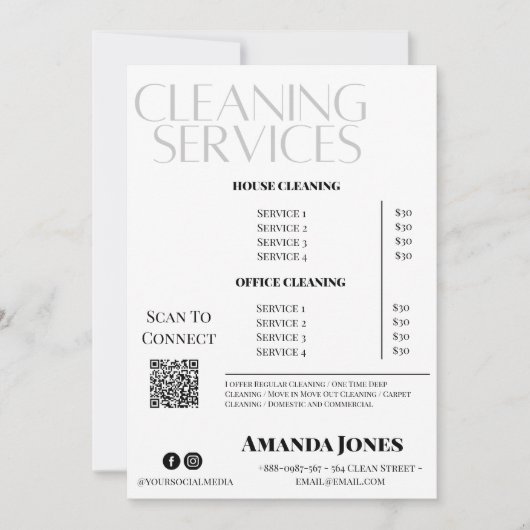 Schoonmaak Diensten Maid Prijs Zwart-wit Kaart (Voorkant)