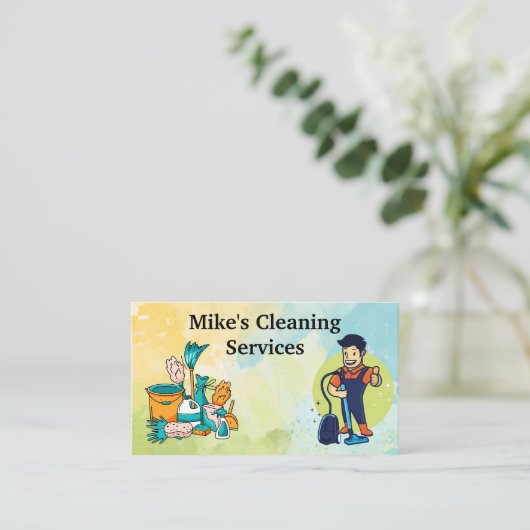 Schoonmaak Huis Services Tools | Man met vacuüm Visitekaartje (Staand voorkant)