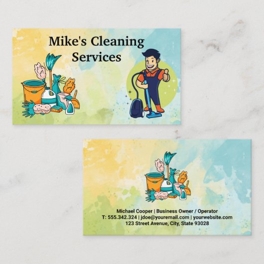 Schoonmaak Huis Services Tools | Man met vacuüm Visitekaartje (Voorkant / Achterkant)