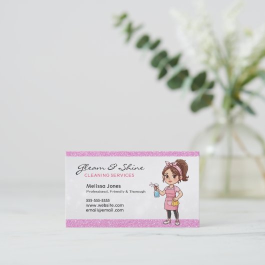 Schoonmaak Lady Cleaner Vrouw Roze Faux Glitter Visitekaartje (Staand voorkant)