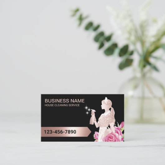 Schoonmaak Service Modern Roos Goud Maid Floral Visitekaartje (Staand voorkant)