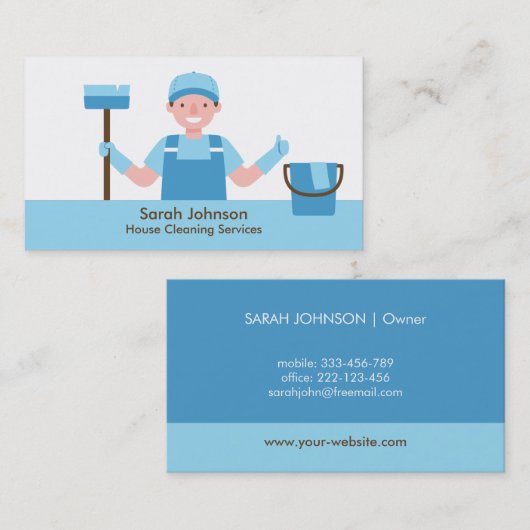 Schoonmaakbedrijf Business Card met Lachende Schoo Visitekaartje (Voorkant / Achterkant)