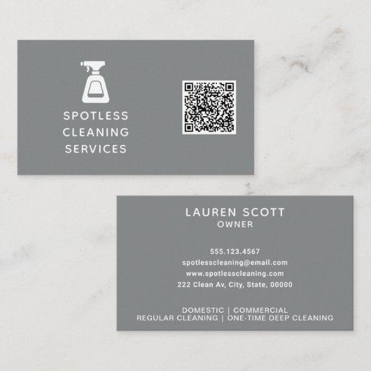 Schoonmaakbedrijf QR Code Spray Fles Grijs Visitekaartje (Voorkant / Achterkant)